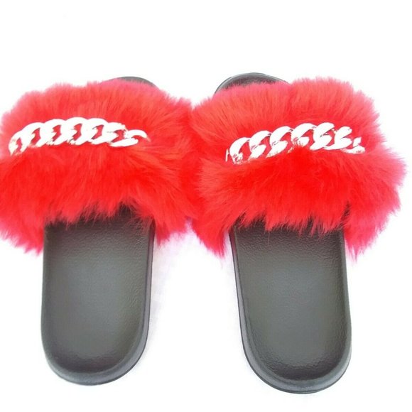 Red Faux Fur Slides/Slippers/With Chain - Picture 5 of 7